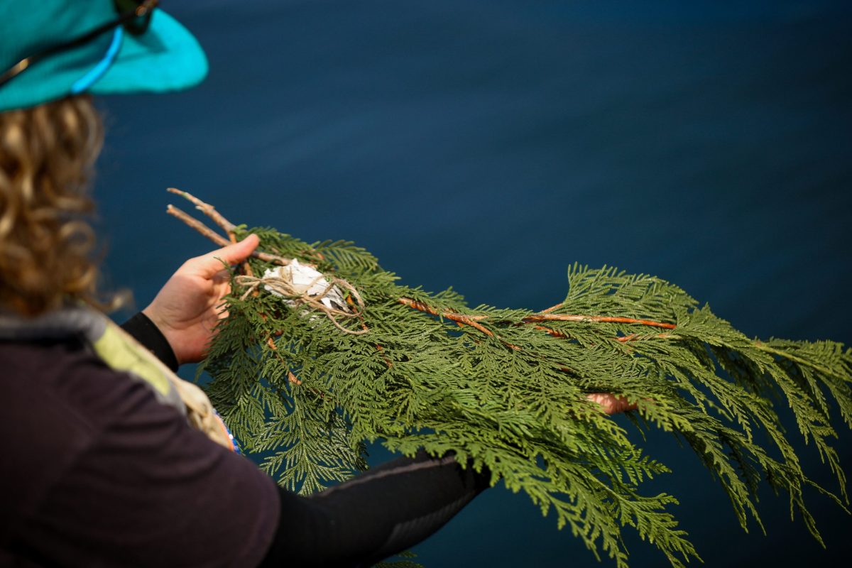 A person holding a bundle of green cedar branches tied together with white string, with a body of blue water in the background.