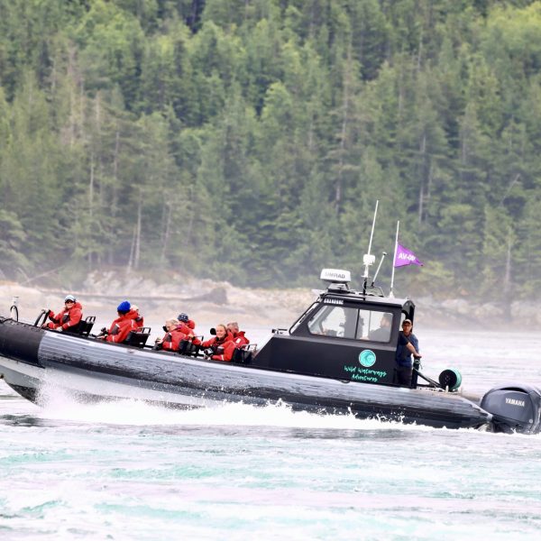 A black inflatable boat with several people in red life jackets speeds across the water, creating waves. Dense green forest and rocky shoreline are visible in the background.