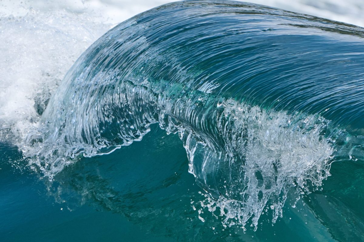 A close-up view of a clear, turquoise ocean wave curling and about to break, with white foam forming along its edge and water splashing in the sunlight.